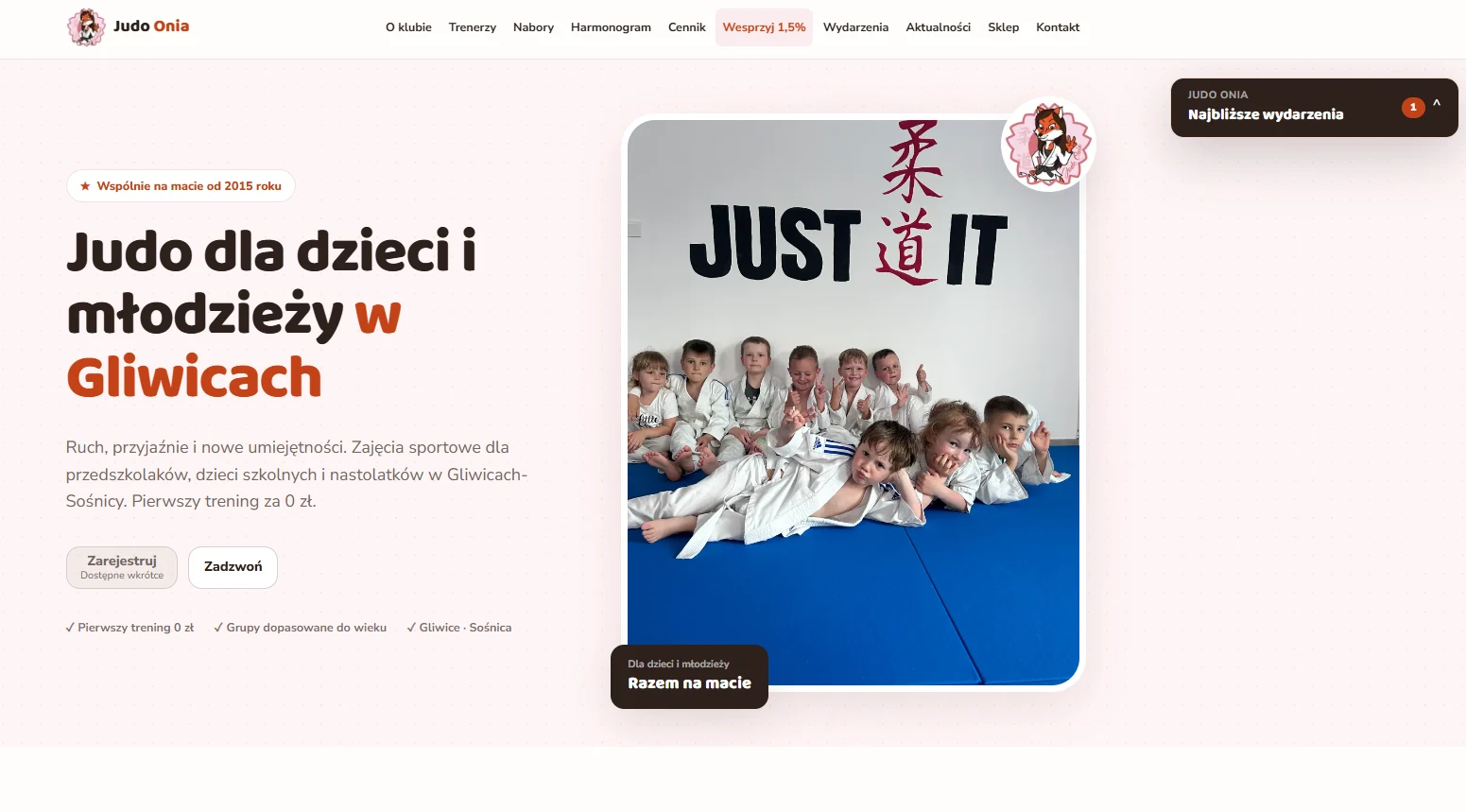 Strona Judo Onia z ofertą judo dla dzieci i młodzieży w Gliwicach